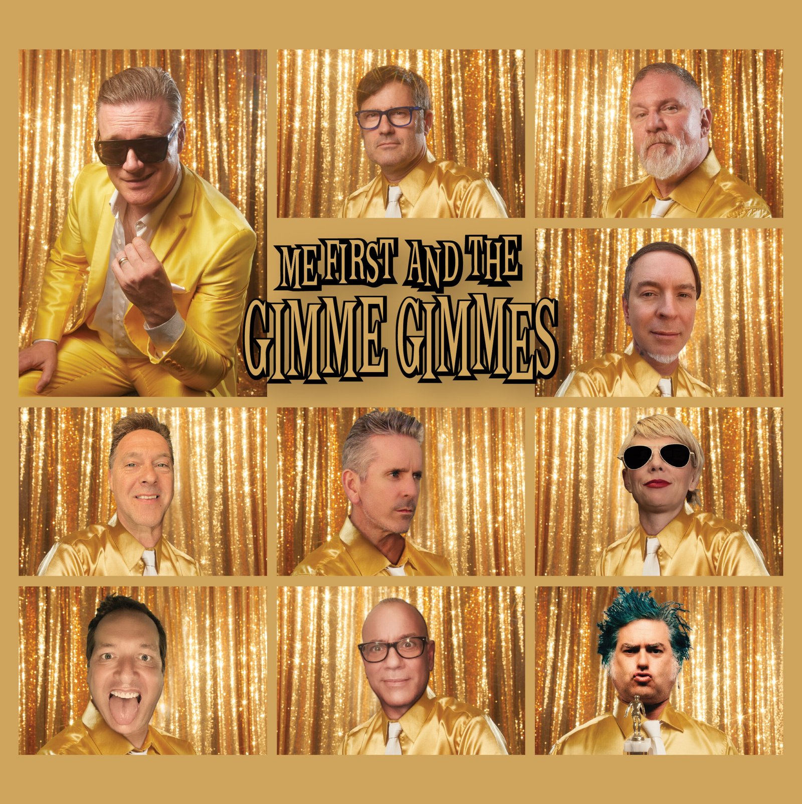 Me First and the Gimme Gimmes in a Brady Bunch intro layout with gold background